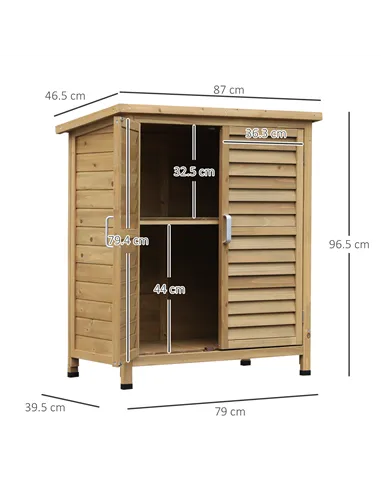 Outsunny Garden Shed Wooden Garden Storage Shed 2 Door Unit Solid Fir Wood Garage Tool Organisation Cabinet, 87L x 46.5W x 96.5H