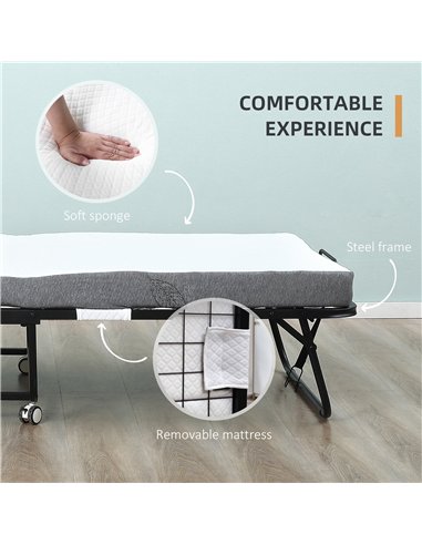 HOMCOM Folding Bed with 10cm Mattress, Portable Foldable Guest Bed with Sturdy Metal Frame on Wheels