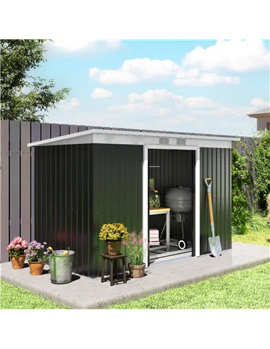 Outsunny 9ft x 4ft Metal Garden Shed, Outdoor Tool House with Foundation Kit, Ventilations and Double Doors, Dark Grey