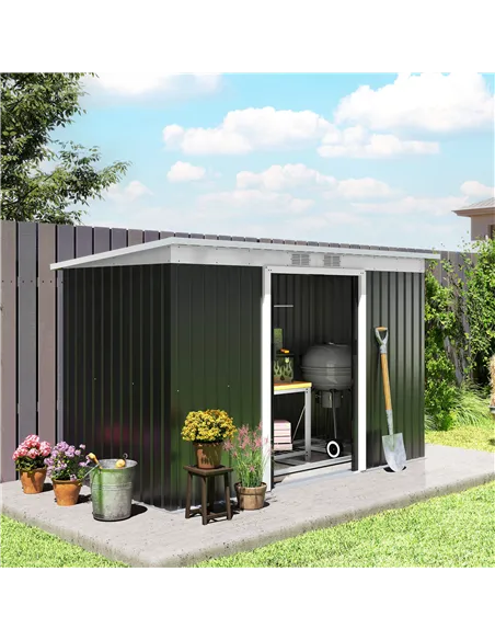 Outsunny 9ft x 4ft Metal Garden Shed, Outdoor Tool House with Foundation Kit, Ventilations and Double Doors, Dark Grey