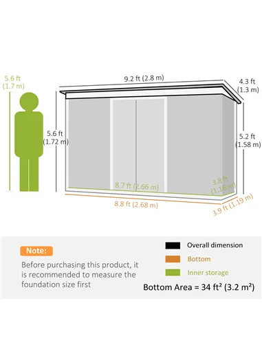 Outsunny 9ft x 4ft Metal Garden Shed, Outdoor Tool House with Foundation Kit, Ventilations and Double Doors, Dark Grey