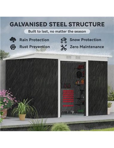 Outsunny 9ft x 4ft Metal Garden Shed, Outdoor Tool House with Foundation Kit, Ventilations and Double Doors, Dark Grey