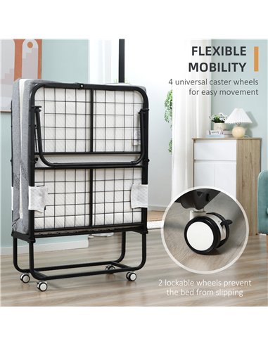 HOMCOM Folding Bed with 10cm Mattress, Portable Foldable Guest Bed with Sturdy Metal Frame on Wheels