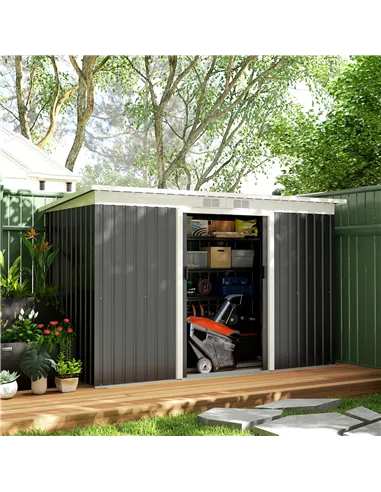 Outsunny 9ft x 4ft Metal Garden Shed, Outdoor Tool House with Foundation Kit, Ventilations and Double Doors, Dark Grey