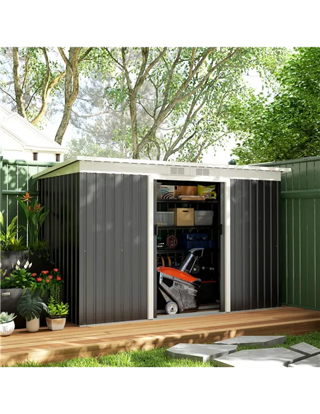 Outsunny 9ft x 4ft Metal Garden Shed, Outdoor Tool House with Foundation Kit, Ventilations and Double Doors, Dark Grey