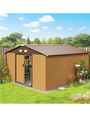 Outsunny 13 x 11ft Metal Garden Shed, Outdoor Storage Tool House with Ventilation Slots, Foundation Kit and Lockable Double Door