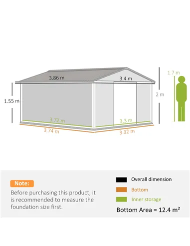 Outsunny 13 x 11ft Metal Garden Shed, Outdoor Storage Tool House with Ventilation Slots, Foundation Kit and Lockable Double Door