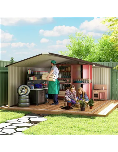Outsunny 13 x 11ft Metal Garden Shed, Outdoor Storage Tool House with Ventilation Slots, Foundation Kit and Lockable Double Door