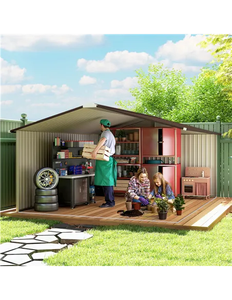 Outsunny 13 x 11ft Metal Garden Shed, Outdoor Storage Tool House with Ventilation Slots, Foundation Kit and Lockable Double Door