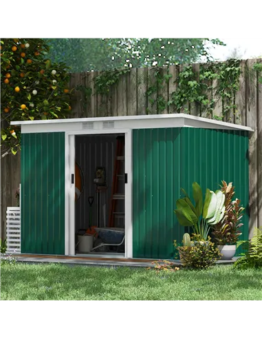 Outsunny 9ft x 4ft Metal Garden Shed, Outdoor Tool House with Foundation Kit, Ventilations and Double Doors, Deep Green