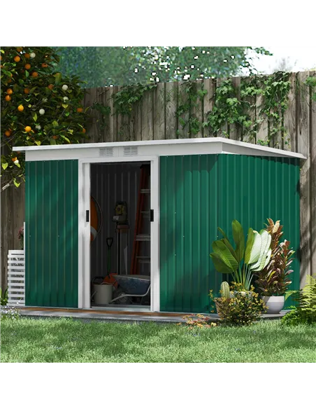 Outsunny 9ft x 4ft Metal Garden Shed, Outdoor Tool House with Foundation Kit, Ventilations and Double Doors, Deep Green