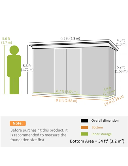 Outsunny 9ft x 4ft Metal Garden Shed, Outdoor Tool House with Foundation Kit, Ventilations and Double Doors, Deep Green