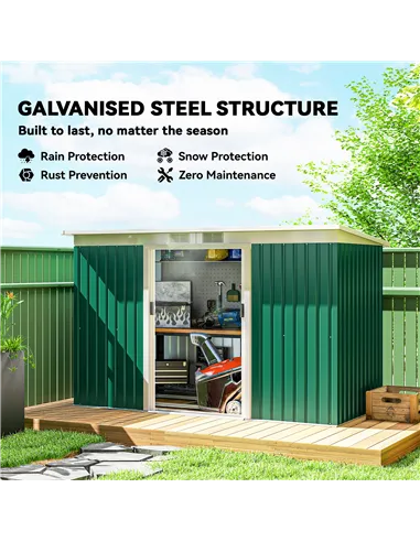 Outsunny 9ft x 4ft Metal Garden Shed, Outdoor Tool House with Foundation Kit, Ventilations and Double Doors, Deep Green