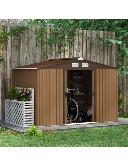 Outsunny 9 x 6ft Metal Garden Shed, Outdoor Storage Tool House with Ventilation Slots, Foundation Kit and Lockable Double Doors,