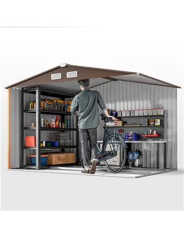 Outsunny 9 x 6ft Metal Garden Shed, Outdoor Storage Tool House with Ventilation Slots, Foundation Kit and Lockable Double Doors,