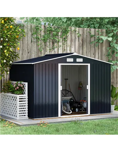 Outsunny 9 x 6ft Metal Bicycle Shed, Outdoor Storage Tool House with Ventilation Slots, Foundation Kit and Lockable Double Doors