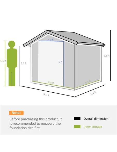 Outsunny 9 x 6ft Metal Bicycle Shed, Outdoor Storage Tool House with Ventilation Slots, Foundation Kit and Lockable Double Doors