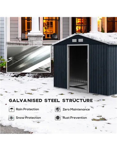 Outsunny 9 x 6ft Metal Bicycle Shed, Outdoor Storage Tool House with Ventilation Slots, Foundation Kit and Lockable Double Doors