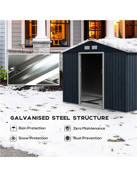 Outsunny 9 x 6ft Metal Bicycle Shed, Outdoor Storage Tool House with Ventilation Slots, Foundation Kit and Lockable Double Doors