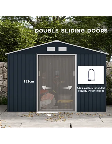 Outsunny 9 x 6ft Metal Bicycle Shed, Outdoor Storage Tool House with Ventilation Slots, Foundation Kit and Lockable Double Doors