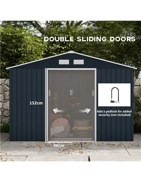Outsunny 9 x 6ft Metal Bicycle Shed, Outdoor Storage Tool House with Ventilation Slots, Foundation Kit and Lockable Double Doors