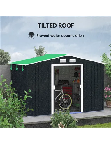 Outsunny 9 x 6ft Metal Bicycle Shed, Outdoor Storage Tool House with Ventilation Slots, Foundation Kit and Lockable Double Doors