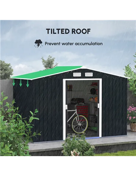 Outsunny 9 x 6ft Metal Bicycle Shed, Outdoor Storage Tool House with Ventilation Slots, Foundation Kit and Lockable Double Doors