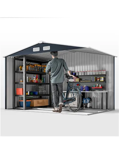 Outsunny 9 x 6ft Metal Bicycle Shed, Outdoor Storage Tool House with Ventilation Slots, Foundation Kit and Lockable Double Doors