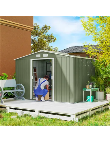 Outsunny 9 x 6ft Metal Garden Shed, Outdoor Storage Tool House with Ventilation Slots, Foundation Kit and Lockable Double Doors,