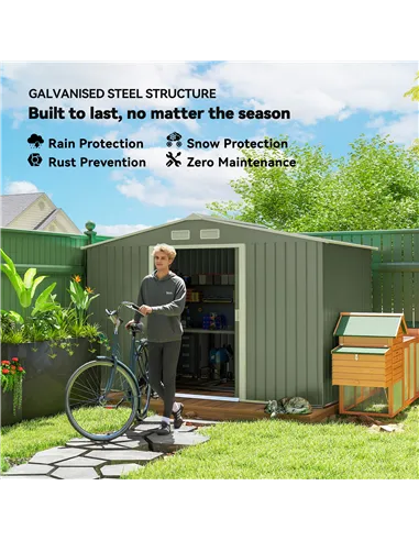 Outsunny 9 x 6ft Metal Garden Shed, Outdoor Storage Tool House with Ventilation Slots, Foundation Kit and Lockable Double Doors,
