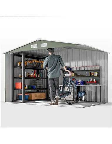 Outsunny 9 x 6ft Metal Garden Shed, Outdoor Storage Tool House with Ventilation Slots, Foundation Kit and Lockable Double Doors,