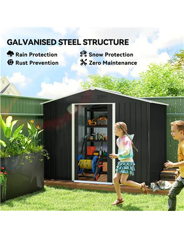 Outsunny 7.7 x 5.7ft Metal Garden Shed, Galvanised Outdoor Tool Storage House with Ventilation Slots and Sliding Doors, Grey