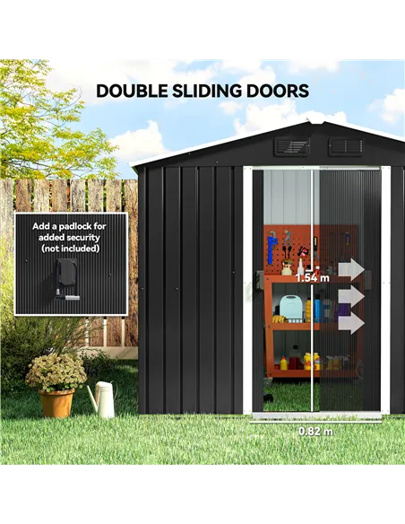 Outsunny 7.7 x 5.7ft Metal Garden Shed, Galvanised Outdoor Tool Storage House with Ventilation Slots and Sliding Doors, Grey