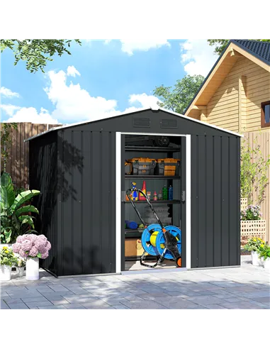 Outsunny 7.7 x 5.7ft Metal Garden Shed, Galvanised Outdoor Tool Storage House with Ventilation Slots and Sliding Doors, Grey