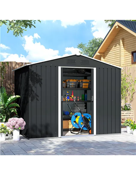 Outsunny 7.7 x 5.7ft Metal Garden Shed, Galvanised Outdoor Tool Storage House with Ventilation Slots and Sliding Doors, Grey