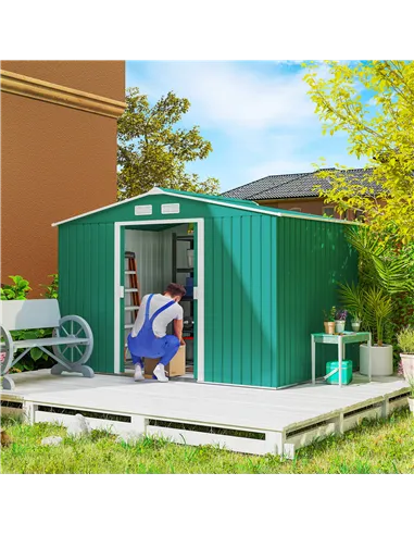 Outsunny 9 x 6ft Metal Garden Shed, Outdoor Storage Tool House with Ventilation Slots, Foundation Kit and Lockable Double Doors,