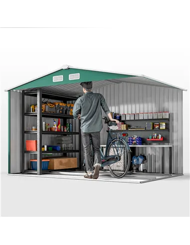 Outsunny 9 x 6ft Metal Garden Shed, Outdoor Storage Tool House with Ventilation Slots, Foundation Kit and Lockable Double Doors,
