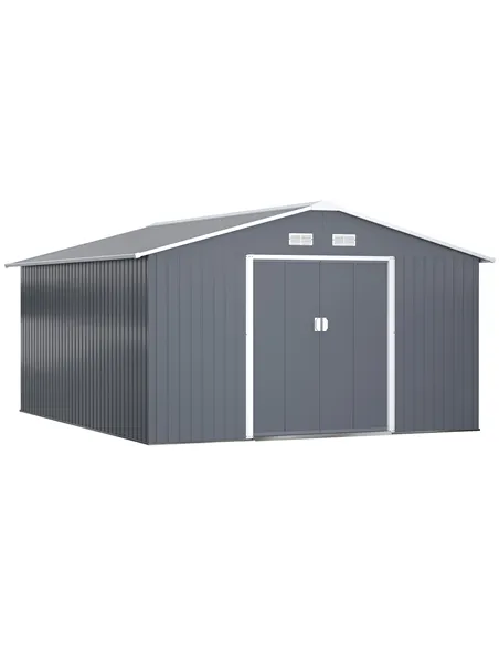 Outsunny 13 x 11ft Metal Garden Shed, Outdoor Storage Tool House with Ventilation Slots, Foundation Kit and Lockable Double Door
