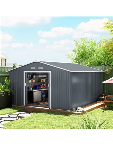 Outsunny 13 x 11ft Metal Garden Shed, Outdoor Storage Tool House with Ventilation Slots, Foundation Kit and Lockable Double Door