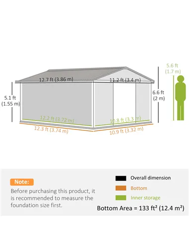 Outsunny 13 x 11ft Metal Garden Shed, Outdoor Storage Tool House with Ventilation Slots, Foundation Kit and Lockable Double Door