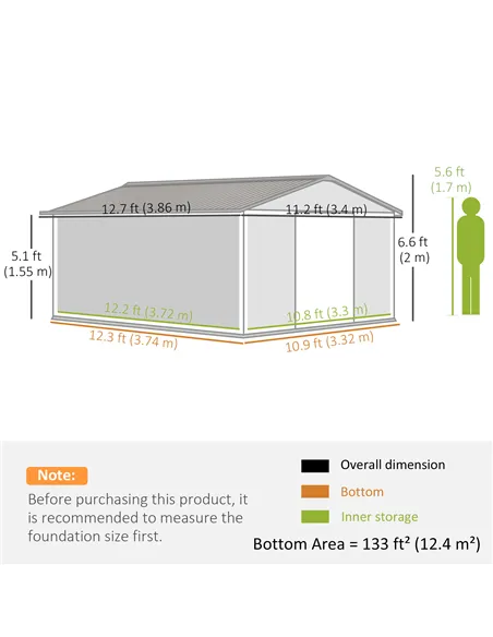 Outsunny 13 x 11ft Metal Garden Shed, Outdoor Storage Tool House with Ventilation Slots, Foundation Kit and Lockable Double Door