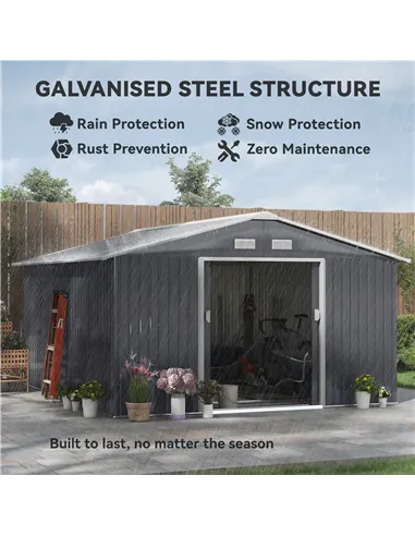 Outsunny 13 x 11ft Metal Garden Shed, Outdoor Storage Tool House with Ventilation Slots, Foundation Kit and Lockable Double Door