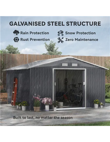 Outsunny 13 x 11ft Metal Garden Shed, Outdoor Storage Tool House with Ventilation Slots, Foundation Kit and Lockable Double Door