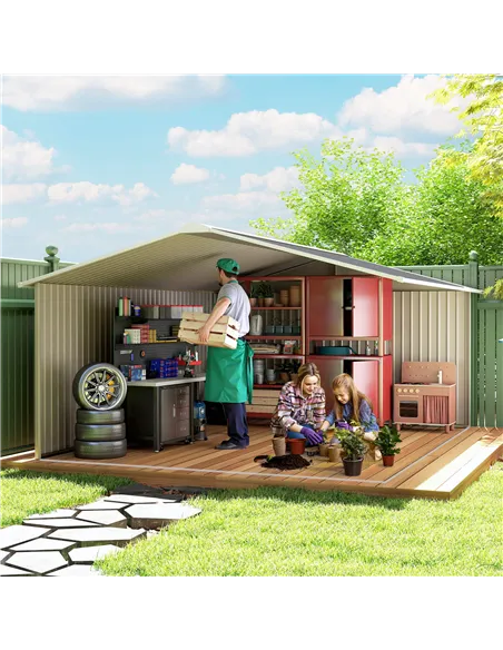 Outsunny 13 x 11ft Metal Garden Shed, Outdoor Storage Tool House with Ventilation Slots, Foundation Kit and Lockable Double Door