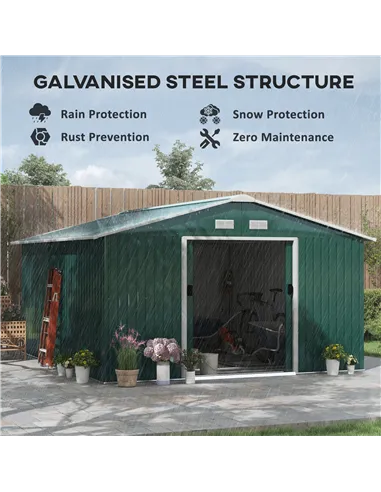 Outsunny 12.5 x 11.1ft Steel Sliding Door Storage Shed - Green