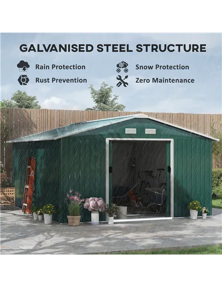 Outsunny 12.5 x 11.1ft Steel Sliding Door Storage Shed - Green