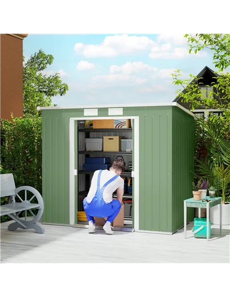 Outsunny 7 x 4ft Galvanised Steel Garden Shed, with Foundation Kit - Green