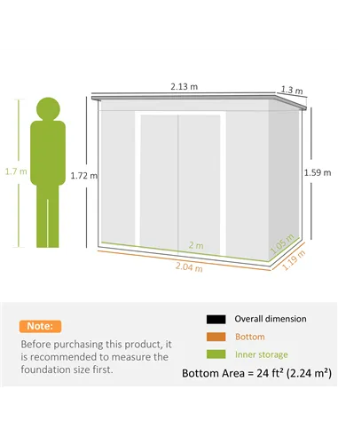 Outsunny 7 x 4ft Galvanised Steel Garden Shed, with Foundation Kit - Green