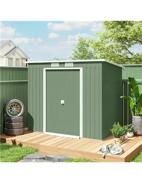 Outsunny 7 x 4ft Galvanised Steel Garden Shed, with Foundation Kit - Green