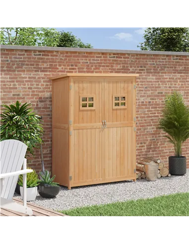 Outsunny Wooden Garden Shed with Two Windows, Tool Storage Cabinet, Outdoor Double Door Organizer 127.5L x 50W x 164H cm, Natura